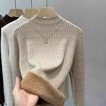 Свитер с высокой горловиной в стиле ретро и бархатом, женский, повседневный, с короткими рукавами, корейская мода, мягкие топы, новый S бежевый