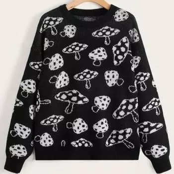 Свитер с заниженными плечами и грибным узором Y2K Женские свитера оверсайз M чёрный
