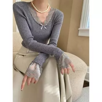 Свитер Sinan Lace Spliced Knit с бантом и узкими плечами SN6928 серый