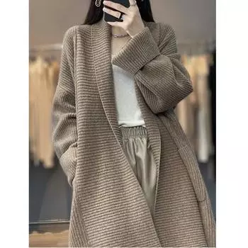 Свитер средней длины, кардиган, женский, осенне-зимний дизайн, шарф, воротник, шикарный вязаный топ, ленивое однотонное пальто больших размеров One Size серый