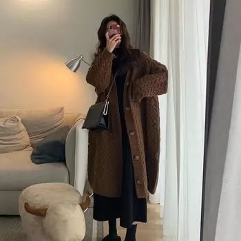 Свитер средней длины, куртка-кардиган, женская осенне-зимняя одежда, дизайн, корейская версия, ленивый твист, плотная вязка One Size кофейный