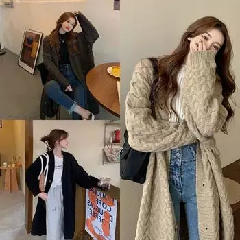 Свитер средней длины, куртка-кардиган, женская осенне-зимняя одежда, дизайн, корейская версия, ленивый твист, плотная вязка One Size кофейный