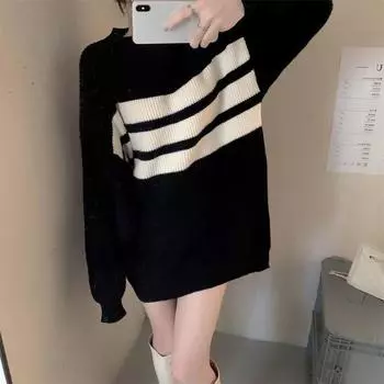 Свитер средней длины, свободный женский пуловер, вязаный топ с длинными рукавами One size серый