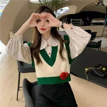 Свитер Sweet Academy с v-образным вырезом, вязаная майка, жилет, женский осенне-зимний свитер с цветочным узором, верхняя одежда, жилет, пуловер, женский One Size абрикосовый