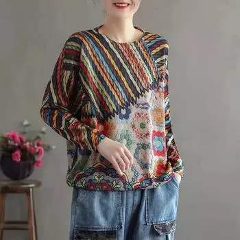 Свитер Топ Пуловер Мода Большая версия свитера Осень и Зима Универсальный Круглый вырез Свободный тип One Size разноцветный