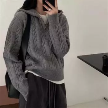 Свитер Twist Retro с полумолнией и лацканами, женский, осень и зима, новый корейский вариант, свободный однотонный свитер, вязаный женский свитер One Size серый