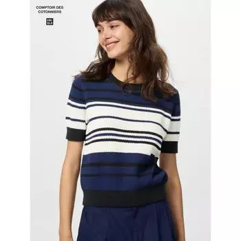 Свитер Uniqlo Cotton Popcorn с короткими рукавами в полоску 26 ORANGE/WOMEN XS