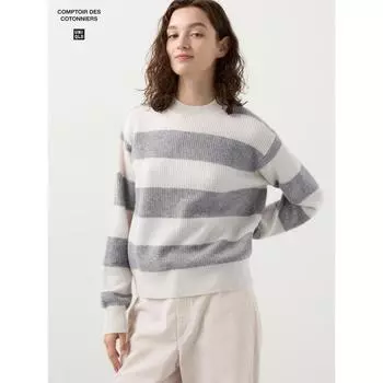 Свитер Uniqlo Lambswool с круглым вырезом в полоску 02 LIGHT GRAY/WOMEN XS