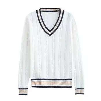 Свитер унисекс с V-образным вырезом, длинным рукавом, для пар, школьная форма, свободный крой, дизайн с цветовыми блоками, перекрученная текстура M белый