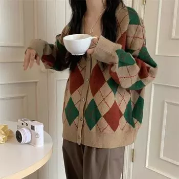 Свитер в клетку с бриллиантами, женский зимний корейский винтажный свободный кардиган, свитер, пальто, повседневный вязаный толстый кардиган с длинными рукавами L чёрный