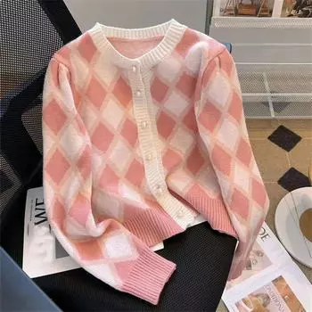Свитер в клетку с длинными рукавами, женский трикотаж, осень 2022, модный стареющий кардиган в западном стиле с жемчужными пуговицами, пальто