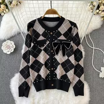 Свитер в клетку с круглым вырезом и бисером, с бантом, женский, осенне-зимний, новый, ретро, с длинными рукавами, ленивое вязаное пальто, топы One Size чёрный