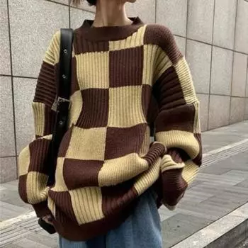 Свитер в клетку, женский осенне-зимний топ, вязаный свитер в стиле ретро, модный повседневный свободный свитер one size кофейный