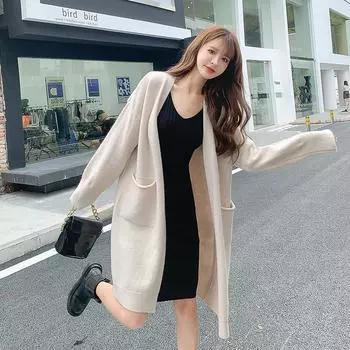 Свитер в ленивом стиле, свободный кардиган и универсальный однотонный верх средней длины, топ 2023, кардиган с длинными рукавами, женские топы One Size серый