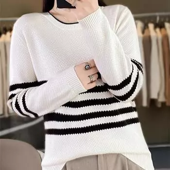 Свитер в полоску с круглым вырезом, женский весенне-осенний простой трикотаж, верхняя одежда S белый