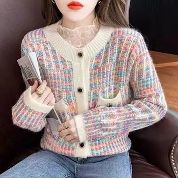Свитер в радужную полоску, вязаный кардиган для женщин 2023, весенне-осенний дизайн, небольшой свободный и уникальный кардиган, женское пальто One Size чёрный