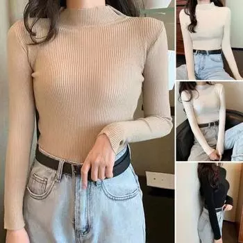 Свитер в рубчик с эластичной подошвой и длинным рукавом до половины, высоким воротником, зимний однотонный хаки