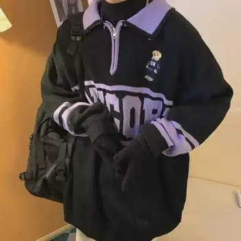 Свитер в стиле колледжа с вышитым изображением медведя в стиле ретро для пар - коллекция осень/зима L грязно-белый