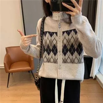 Свитер в стиле ретро, клетчатый вязаный кардиган, женский осенне-зимний свитер с подкладкой и круглым вырезом, пальто премиум-класса, свитер с длинными рукавами, топ