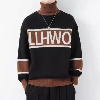 Свитер в стиле унисекс с буквенным принтом, осенне-зимний новый национальный модный брендовый мужской свободный хлопковый трикотаж, повседневный топ M чёрный