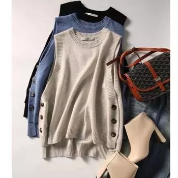 Свитер в студенческом стиле с тремя пуговицами, вязаный жилет, женский однотонный свитер без рукавов с круглым вырезом One Size чёрный