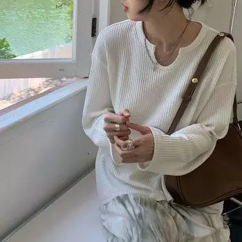 Свитер вафельной вязки Ранняя осень Топ Футболка Женский Уникальный дизайн U-образный вырез Нишевый Тонкий Облегающий Длинный рукав S белый