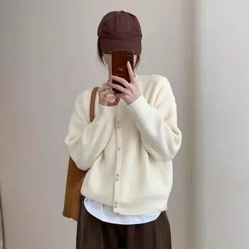 Свитер вязаный кардиган для женщин, осенний элитный корейский свободный мягкий клейкий однотонный кардиган с длинными рукавами, женские топы One Size чёрный