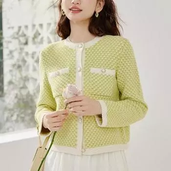 Свитер вязаный кардиган женский, новинка 2023 года, женский цветной контрастный край, переднее плечо, длинный рукав, кардиган с круглым вырезом, женский свитер