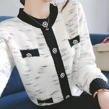 Свитер вязаный кардиган женский весенне-осенний топ черно-белый контрастный повседневный короткий свитер с короткими рукавами женское пальто