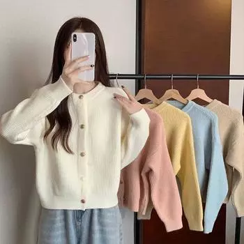 Свитер вязаный кардиган женский весна и осень 2023 новый милый свободный однотонный с длинным рукавом и круглым вырезом небольшой короткий свитер женское пальто One Size розовый