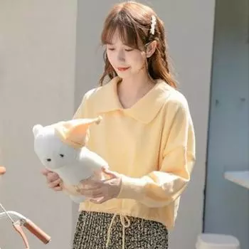 Свитер женский, дизайнерский, нишевый, весна-осень 2022, новый корейский однотонный повседневный короткий пуловер с длинными рукавами, свитер, топ One Size жёлтый