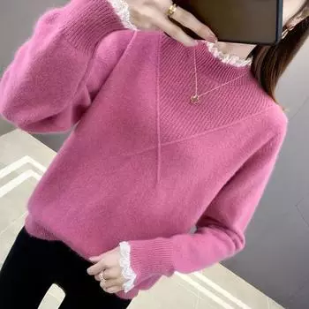 Свитер женский кружевной с высоким воротником, пуловер, свободный, в стиле вестерн, с основой из трикотажного свитера для женщин, осень-зима One size розовый