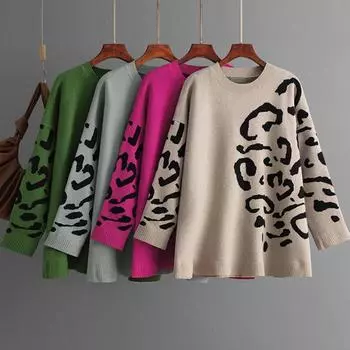 Свитер женский леопардовый принт пуловеры свободные длинные рукава О-образный вырез трикотажные джемперы теплые базовые вещи осень зима модные топы One Size зелёный