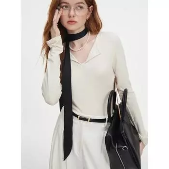 Свитер женский нижняя рубашка 2024 осень бежевый универсальный тонкий пуловер топы V-образный вырез тонкий хлопковый пуловер серый свитера 24FS13097 XS бежевый