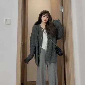 Свитер женский, осень 2022, новый вязаный кардиган, пальто, женский свободный и ленивый, корейский, универсальная верхняя одежда, кардиган, женский топ One Size серый