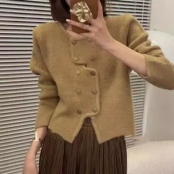 Свитер женский, осень-зима 2022, ароматный вязаный свитер с длинными рукавами, пальто на пуговицах с крестом, элитный кардиган знаменитостей One Size чёрный