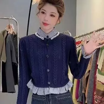 Свитер женский осенне-зимний кардиган sense nicknames поддельный два с длинными рукавами французский уникальный шикарный свитер женский one size синий