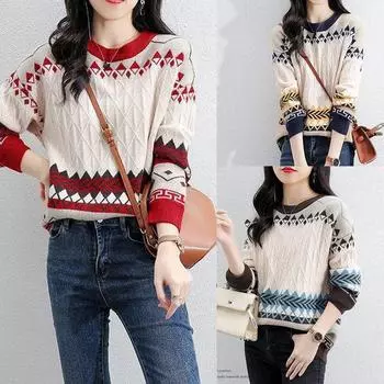 Свитер женский осенне-зимний модный длинный рукав пуловер шикарный сшитый принт круглый воротник теплый свободный джемпер свитера S темно-синий