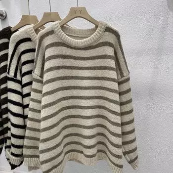 Свитер женский, осенне-зимний, новая винтажная трикотажная рубашка в ленивом стиле, мягкая липкая свободная рубашка в полоску с верхом и низом One Size чёрный