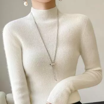 Свитер женский осенне-зимний новый длинный рукав средний вырез трикотажный свитер пуловер полувысокий ворот внутренний слой тонкий корейский вариант базовый слой оптовая продажа S белый