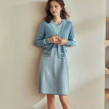 Свитер женский осенне-зимний новый синий модный женский костюм 2022 повседневный кардиган вязаный свитер женский из двух предметов