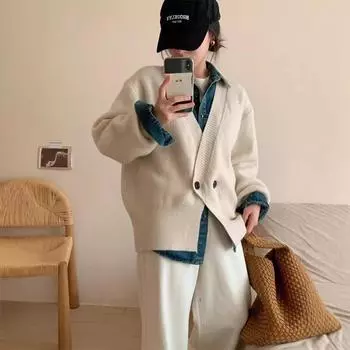 Свитер женский осенне-зимний новый вязаный кардиган женский корейский однотонный свободный простой ленивый ветер вязаный свитер куртка женский One Size бежевый