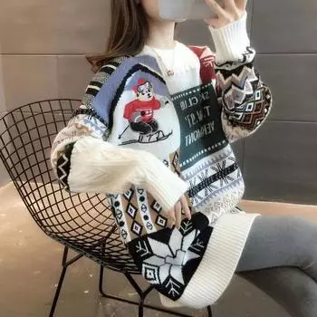 Свитер женский, осенне-зимний, свободный, утолщенный, удобный, теплый, с внутренней стороны, повседневный, универсальный, эластичный, с принтом, пуловер, вязаный свитер, топы S синий