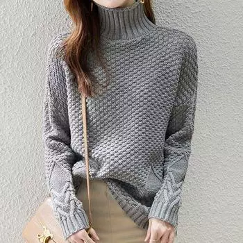 Свитер женский осенне-зимний толстый с высоким воротом большого размера короткий модный базовый свитер S хаки