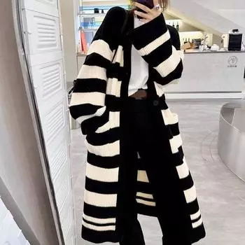 Свитер женский осенне-зимний вязаный кардиган выше колена, свитер с v-образным вырезом, длинный свободный универсальный полосатый кардиган, пальто для женщин