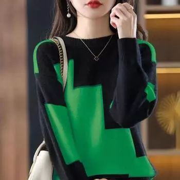 Свитер женский осенне-зимний женский вязаный теплый свитер с цветными блоками, длинный рукав, термопуловеры с круглым вырезом, повседневный свободный свитер для женщин XXL оранжевый