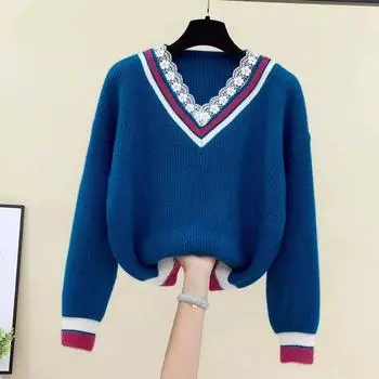 Свитер женский осенний кружевной пуловер с v-образным вырезом, эластичный удобный вязаный свободный повседневный топ с баской S белый