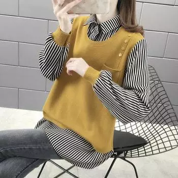 Свитер женский осенний, новая верхняя одежда, свободный воротник рубашки, искусственный вязаный свитер из двух частей One SIze красный