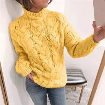 Свитер женский осенний однотонный карамельный цвет водолазка пуловер свитера модный стиль вязаный длинный рукав джемпер зимние теплые повседневные топы S жёлтый