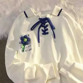 Свитер женский осенний ретро свободный цветочный рубашка поло с лацканами с длинным рукавом сплошной цвет повседневный топ с баской S белый